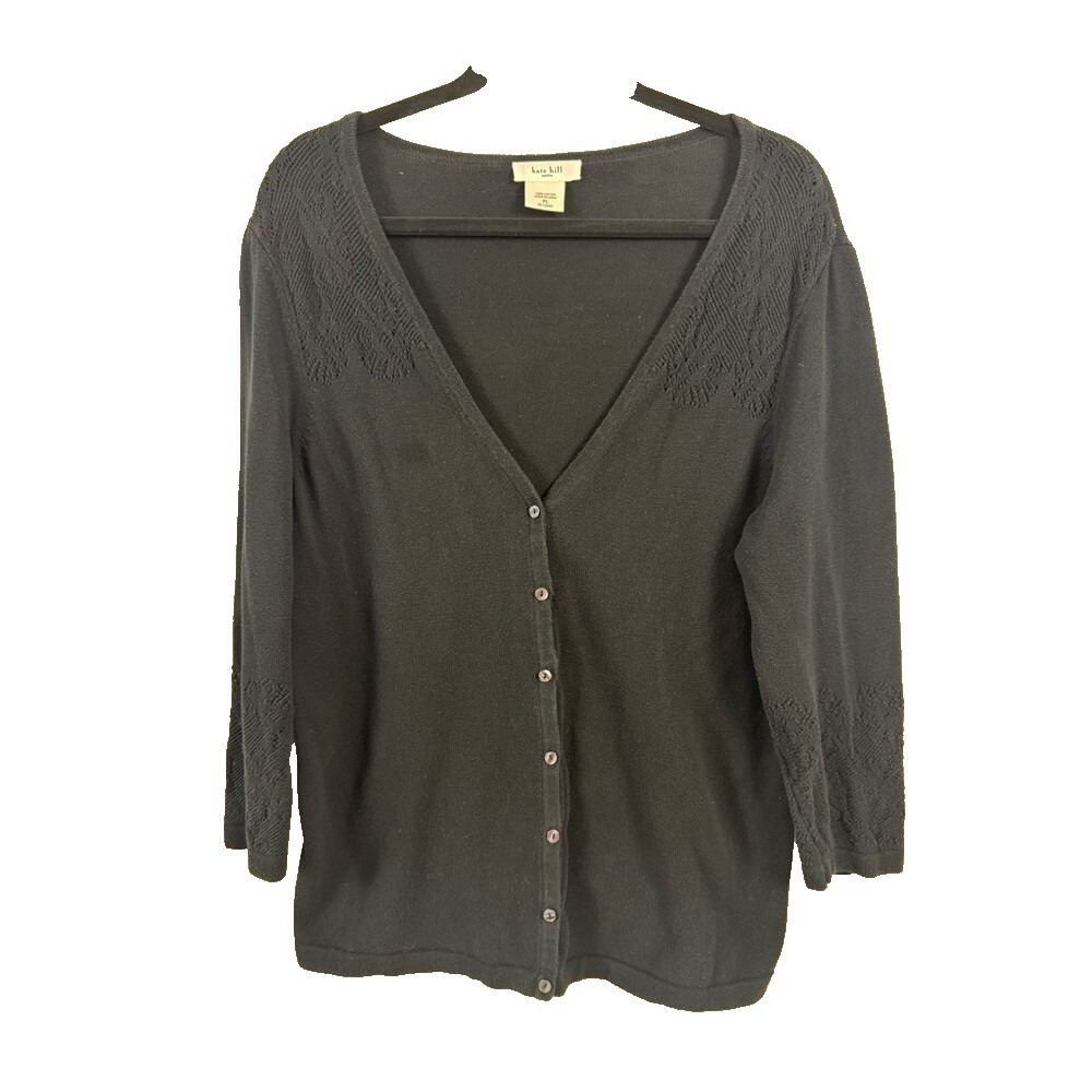 Kate Hill Women Large Cardigan Pointelle Knit Cotton Crochet Classic Prep Layers